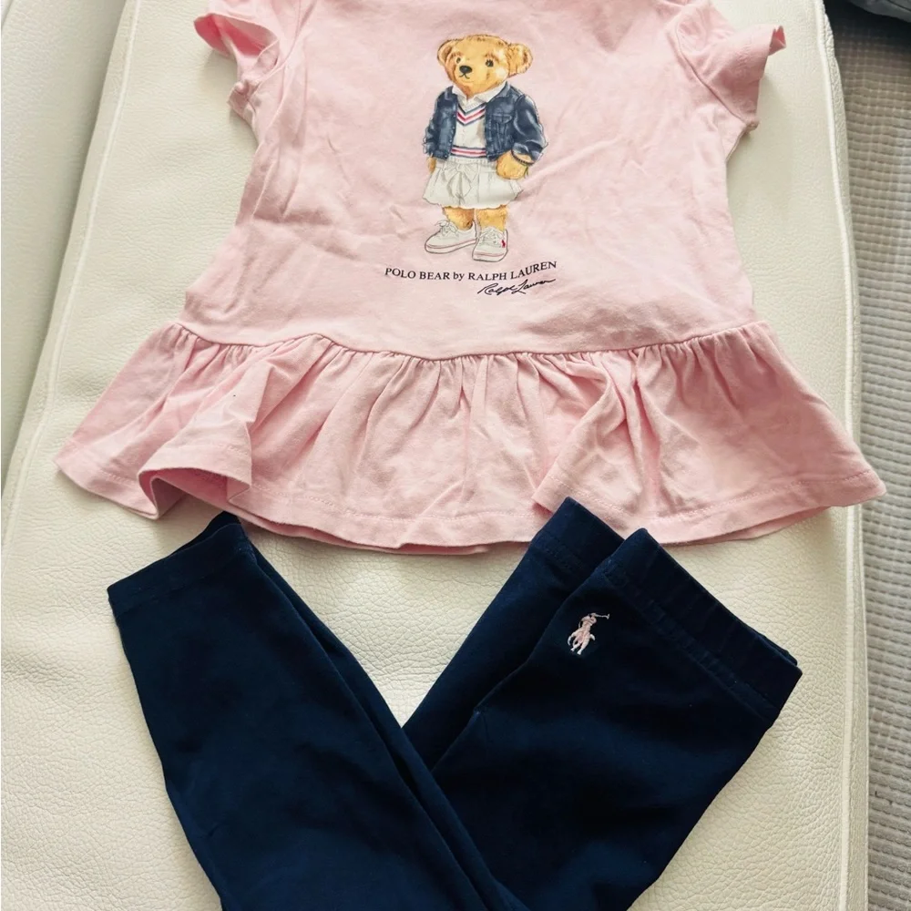 Pink Bear Graphic Top and Navy Leggings Set 18 months GUC